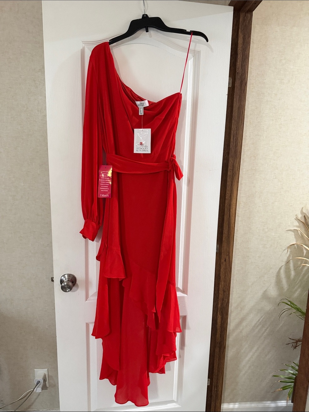 Badgley Mischka Red One-Shoulder Ruffle Gown